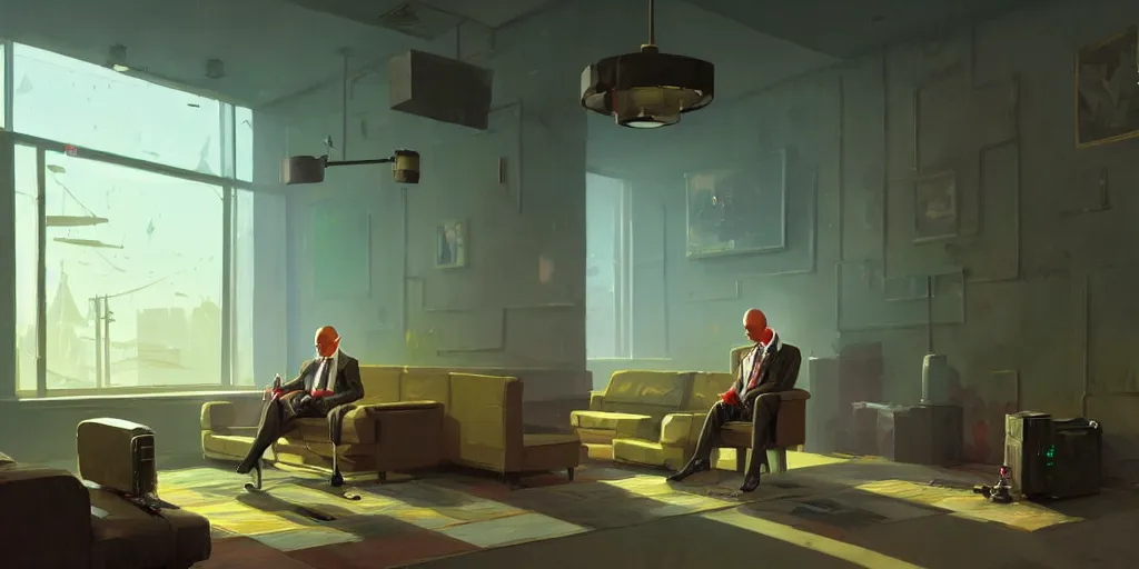 Image similar to concept art by Stan stalenhag of Agent 47 smoking a spliff!! in the lobby of a hotel. epic wide angle shot, cinematic lighting photorealistic, award winning on Artstation, hyper detailed, hyper realistic.