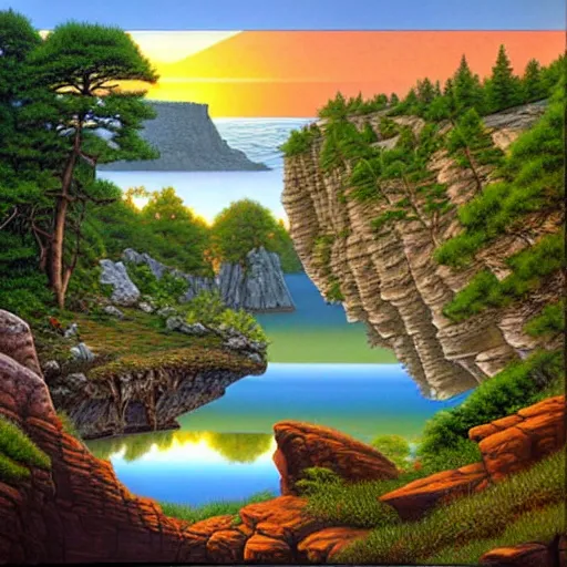 Prompt: Larry Elmore painting - You step to the edge of the rocky opening and peer over. You see a tranquil pond and a sandy beach 20 feet below. The opening’s bottom leads to a cave, its verdant flora a stark contrast to the rocky sides.