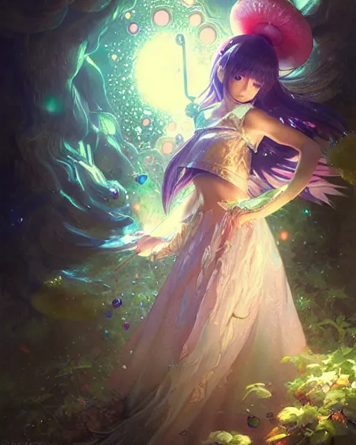 Image similar to mirei kiritani as anime girl, mushroom kingdom, fantasy character portrait, concept art, sorceress, magical aura, bright, interesting angle, intricate details, highly detailed by greg rutkowski, gaston bussiere, simon bisley