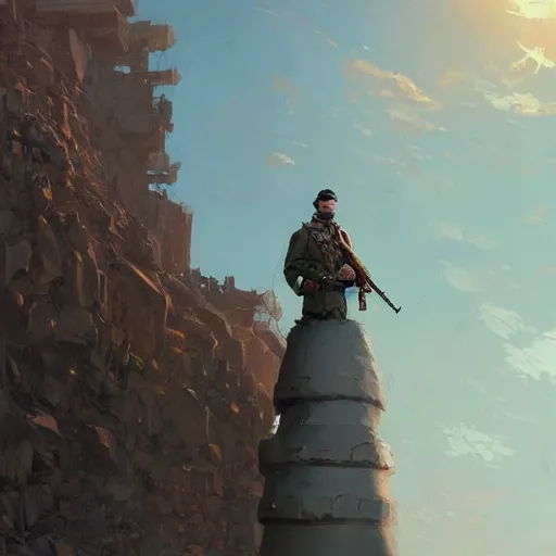 Prompt: a soldier standing looking up at a giant chess piece, artwork by greg hildebrandt and greg rutkowski, artstation