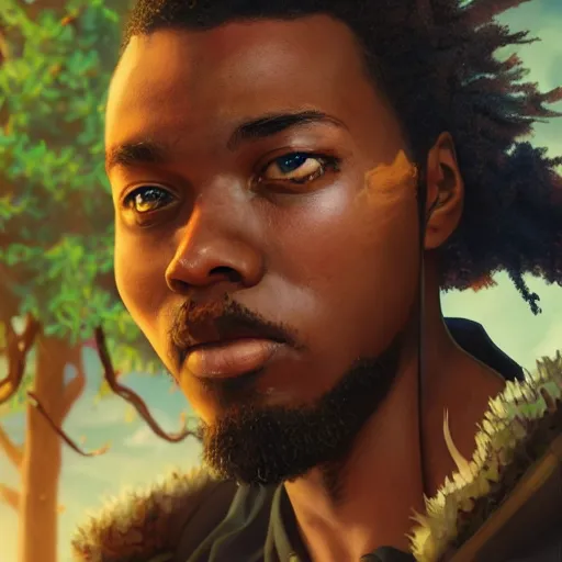 Image similar to an epic fantasy comic book style portrait painting of a black man, studio ghibli, unreal 5, hyperrealistic, octane render, dynamic lighting, intricate detail, cinematic