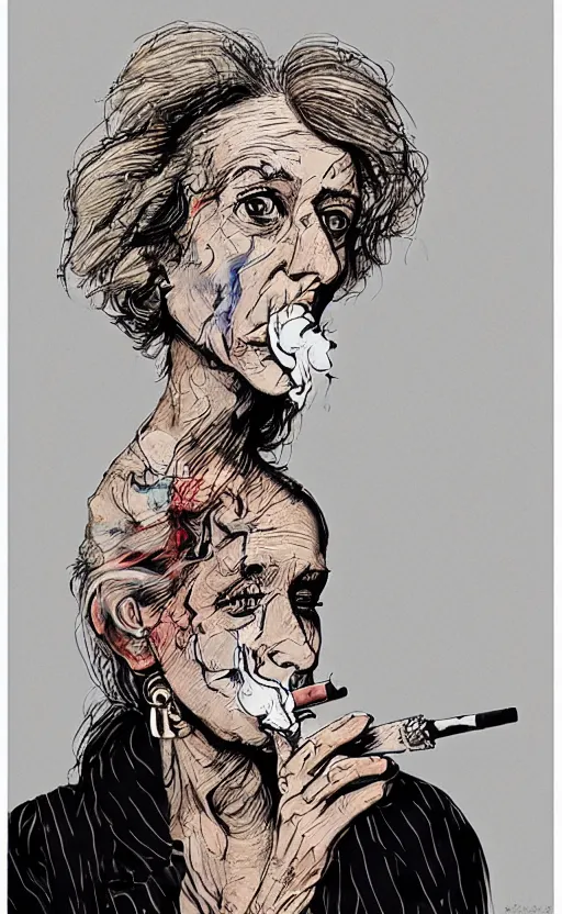 Prompt: woman smoking a cigarette artwork in the style of ralph steadman, 8 k, hyperrealistic, hyperdetailed