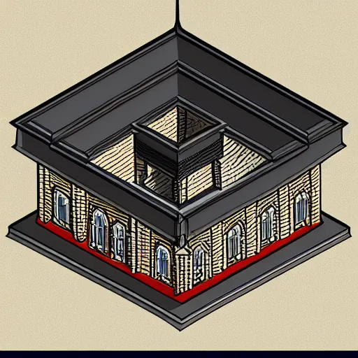 Image similar to isometric view of a church, steeple, geometric isometric perspective