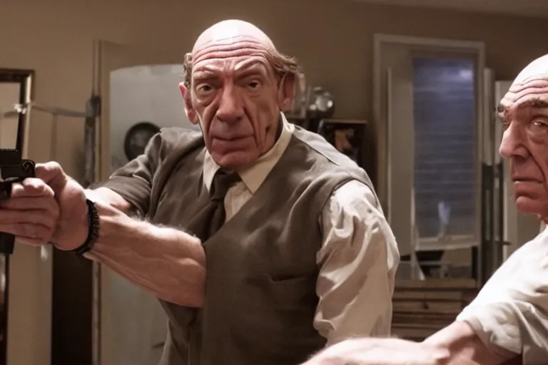 Prompt: extremely muscular Hector Salamanca shooting Saul Goodman, movie still, photorealistic, clean composition, real shot