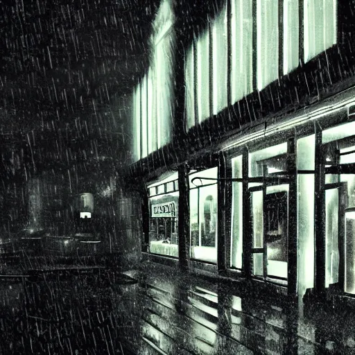 Image similar to gloomy and morbid city scene with a neon sign on the wall, cinematic, blurry, raindrops