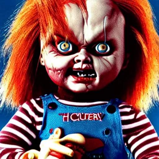 Prompt: Chucky the killer doll from the movie Child's Play VS demonic toys movie poster