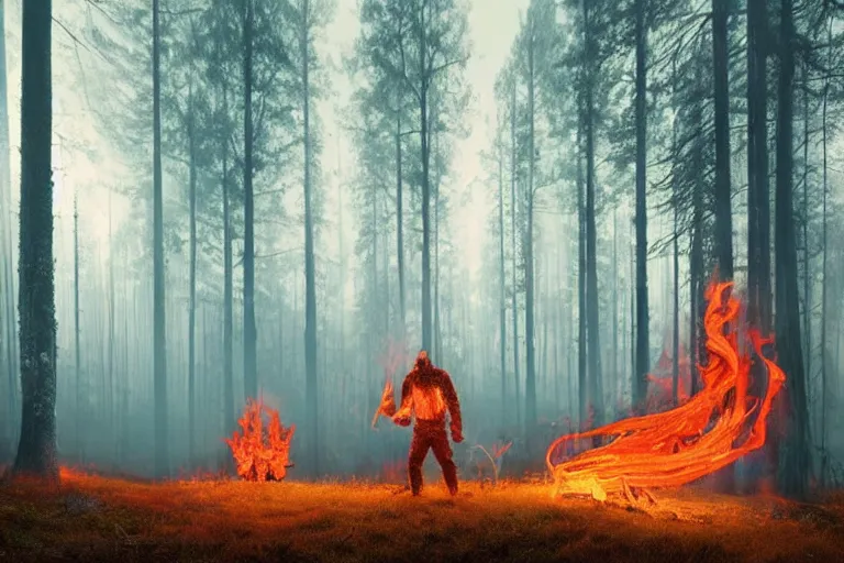 Image similar to fire demon standing in a beautiful swedish forest, highly detailed, hyperrealistic, very sharp focus, intricate, soft lighting, wide shot photograph, digital painting by simon stålenhag