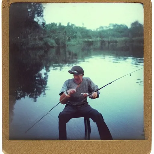 Prompt: a very beautiful old polaroid picture of a young men fishing, award winning photography