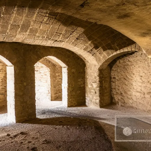 Prompt: wide angle picture of a tall and narrow vaulted medieval cellar. Stone and lime mortar. Diy workshop with tools lined up on the wall and workbenches, shot with 11-16mm Sigma on a 80D