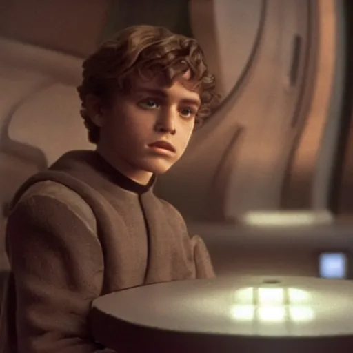 Image similar to young anakin skywalker from attack of the clones sitting at quark's bar on deep space nine, 3 5 mm photography, highly detailed, cinematic lighting, 4 k