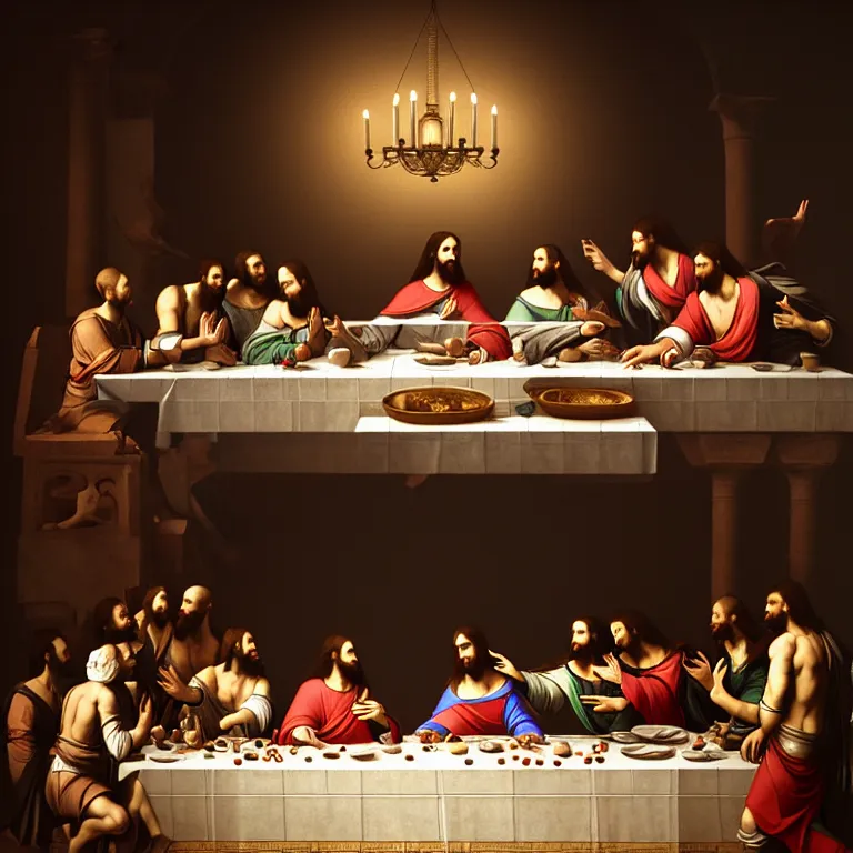 Image similar to The last supper in ancient egypt, dream-like atmosphere, symmetrical baroque painting, perfect composition, beautiful detailed intricate insanely detailed octane render trending on Artstation, 8K artistic photography, photorealistic, soft natural volumetric cinematic perfect light, chiaroscuro, award-winning photograph, masterpiece, Raphael, Caravaggio, Greg Rutkowski, Beeple