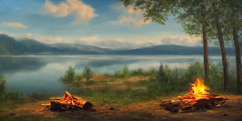 Prompt: a beautiful!!!!!!!! solitary campfire with a beautiful!!! lake in the background, no people, lonely landscape, oil painting, trending on artstation, highly detailed