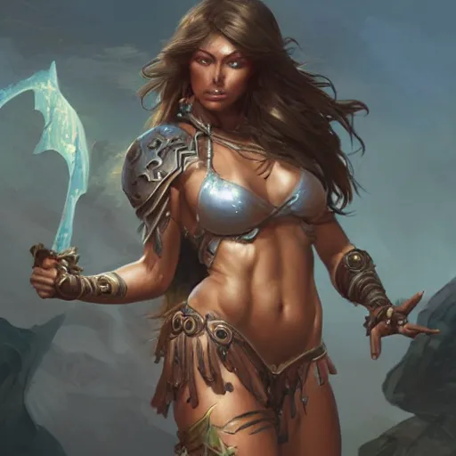 Image similar to muscular female warrior, deep focus, d & d, fantasy, intricate, elegant bikini, highly detailed, digital painting, artstation, concept art, matte, sharp focus, illustration, hearthstone, art by artgerm and greg rutkowski and alphonse mucha