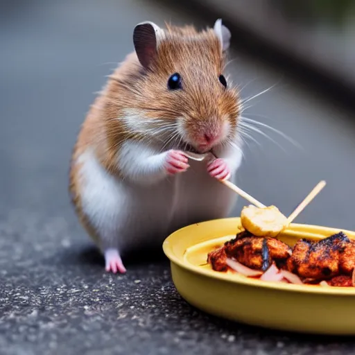 Image similar to detailed photo of a hamster eating a kebab, outdoors, various poses, full body, unedited, daylight, dof 8 k
