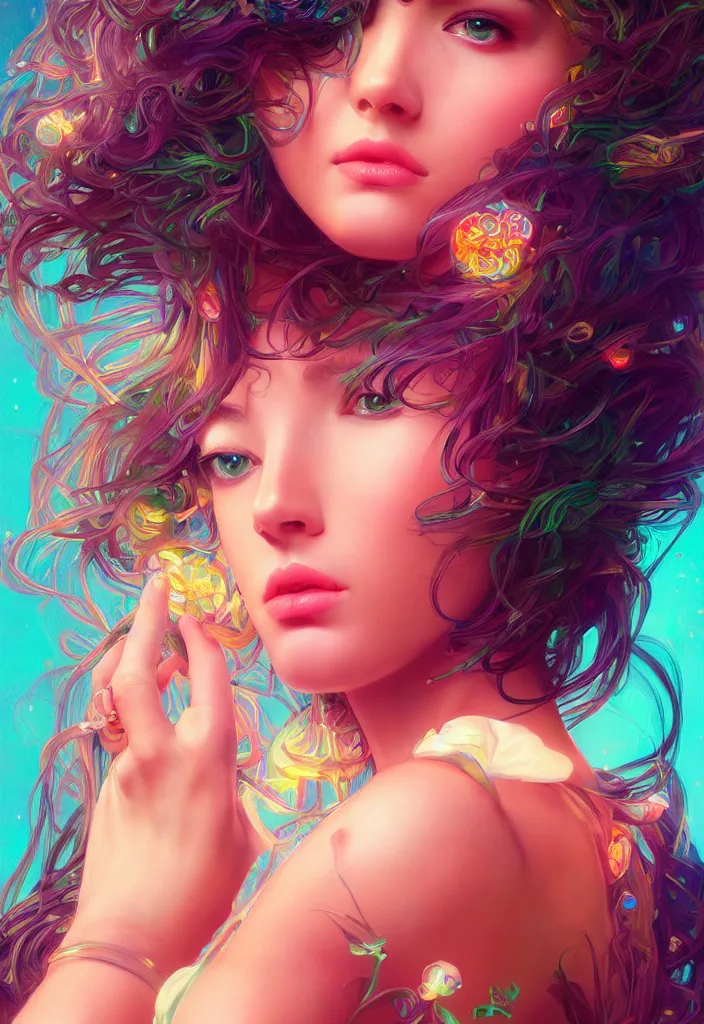 Image similar to beautiful, young woman, detailed gorgeous face, vaporwave aesthetic, synthwave, colorful, psychedelic, artstation, concept art, smooth, extremely sharp detail, finely tuned detail, ultra high definition, 8 k, unreal engine 5, ultra sharp focus, illustration, art by artgerm, greg rutkowski and alphonse mucha