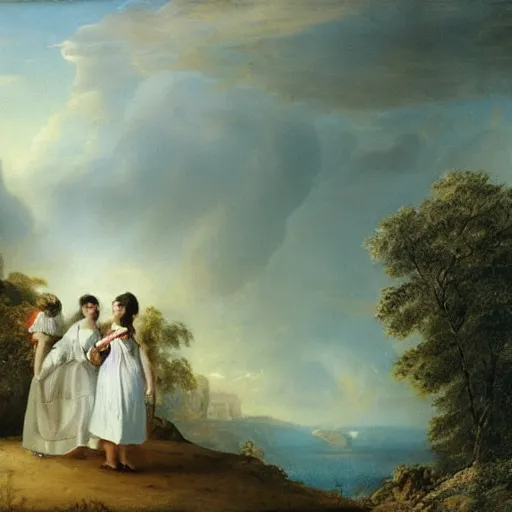Prompt: two beautiful girls wearing white dresses john martin landscape