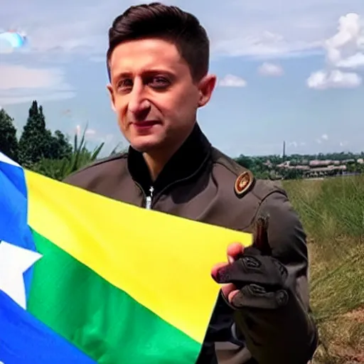 Image similar to Volodimir Zelensky as captain america holding an ukrainian flag on an urban battle field