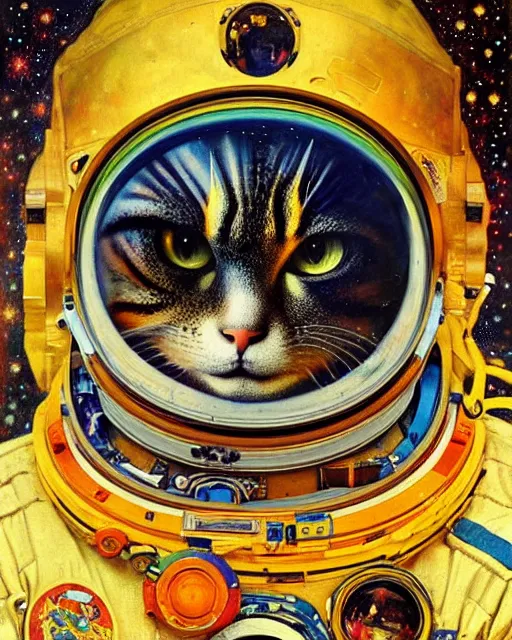 Image similar to space cosmonaut cat portrait an oil painting splashes with many colors and shapes by gustav klimt greg rutkowski and alphonse mucha, polycount, generative art, psychedelic, fractalism, glitch art