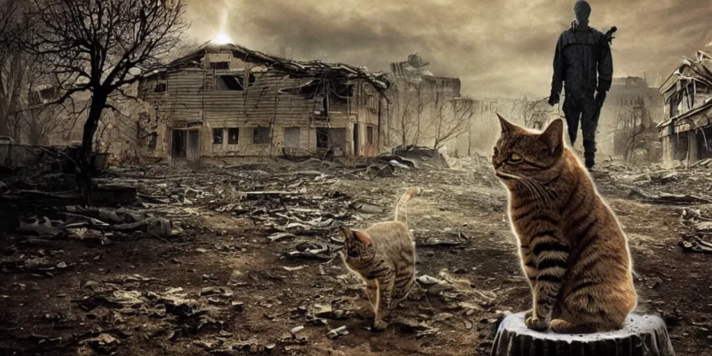 Image similar to a nuclear apocalypse with a lonely cat as the last survivor