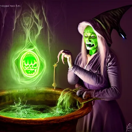 Image similar to a portrait of a scary ugly witch that is brewing a wicked potion in her cauldron that is marked with magical symbol that are glowing, highly detailed, digital photo, hdri, by christopher bretz and john carpenter, vivid colors, high contrast, 8 k resolution, intricate, photorealistic, smooth, psychedelic color scheme, concept art, award winning, cg society contest winner