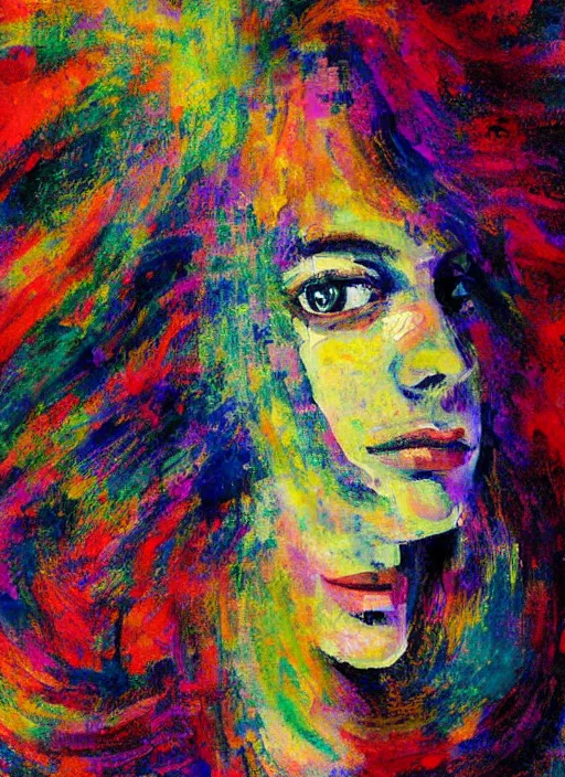 Prompt: an extreme close-up abstract portrait of a lady enshrouded in an impressionist representation of psychedelics and the meaning of life by Igor Scherbakov, abstract, thick visible brush strokes, close-up portrait by Anthony Cudahy and Rae Klein, minimalist vintage cover illustration by Mitchell Hooks