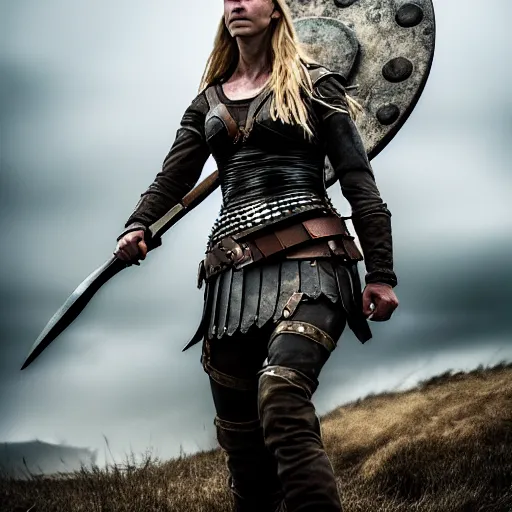 Prompt: a photograph of viking shield maiden in the battlefield, action movie, movie still, cinematic, filmic, dramatic, volumetric light