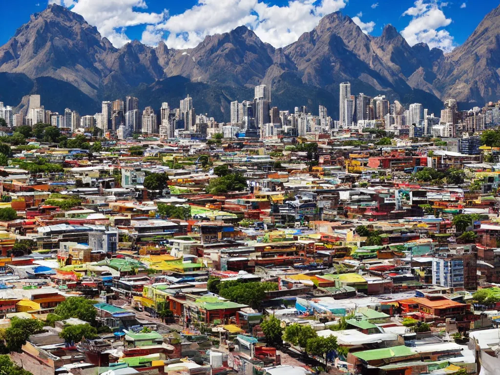 Image similar to south american city market street with tall buildings in a valley with rocky mountains