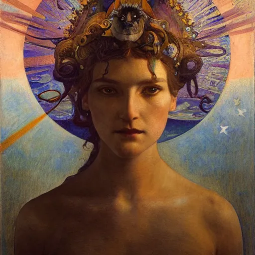 Prompt: queen of the moon with stars in her hair, by annie swynnerton and tino rodriguez and nicholas roerich and jean delville and donato giancola and tom bagshaw and evelyn demorgan and diego rivera, dramatic lighting, god rays, geometric tattoos, rich colors, smooth sharp focus, extremely detailed, adolf wolfli