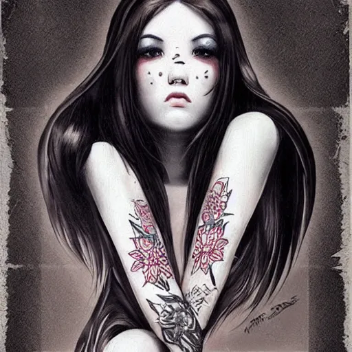 Image similar to tattoo design, stencil, beautiful young female, long dark hair, symmetrical facial features, Japanese, partially clothed in robe, by William-Adolphe Bouguerea and artgerm