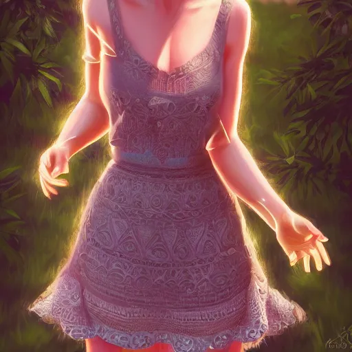 Image similar to beautiful young woman in a sundress, trending on artstation, intricate details, in the style of samdoesarts and rossdraws, hyperrealistic, 4 k, dynamic lighting