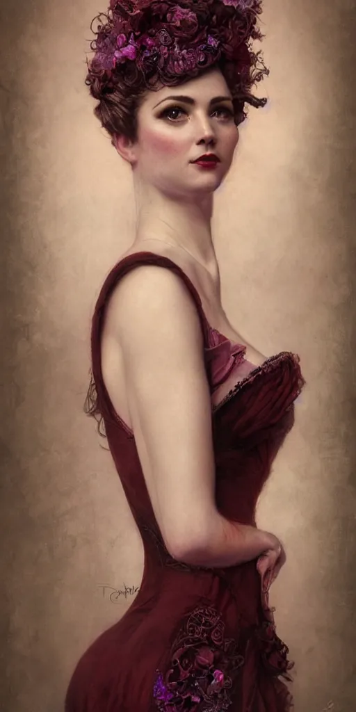 Image similar to a beautiful hyperrealistic portrait pose of a stunning Victorian burlesque model in a maroon-and-lilac collared dress looking happy, intricate, elegant, highly detailed, smooth, sharp focus, award-winning, masterpiece, in the style of Tom Bagshaw, Cedric Peyravernay, Peter Mohrbacher