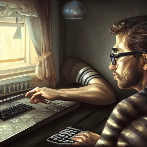 Image similar to realistic man using laptop in gaming room, artstation trends, concept art, highly detailed, intricate, sharp focus, digital art, 8 k