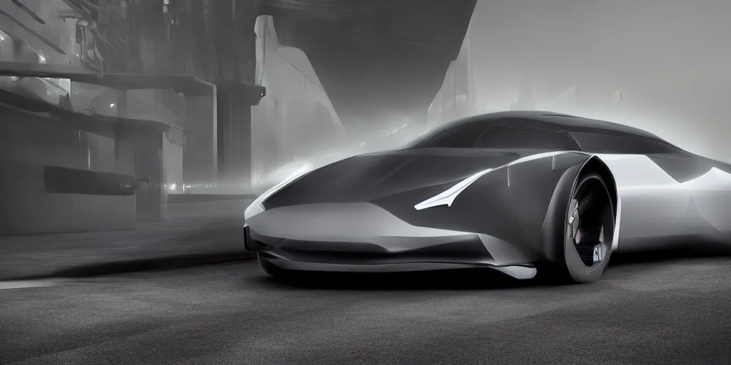 Image similar to a design of a futuristic vehicle, designed by Polestar, blade runner background, brushed gunmetal car paint, black windows, dark show room, dramatic lighting, hyper realistic render, depth of field