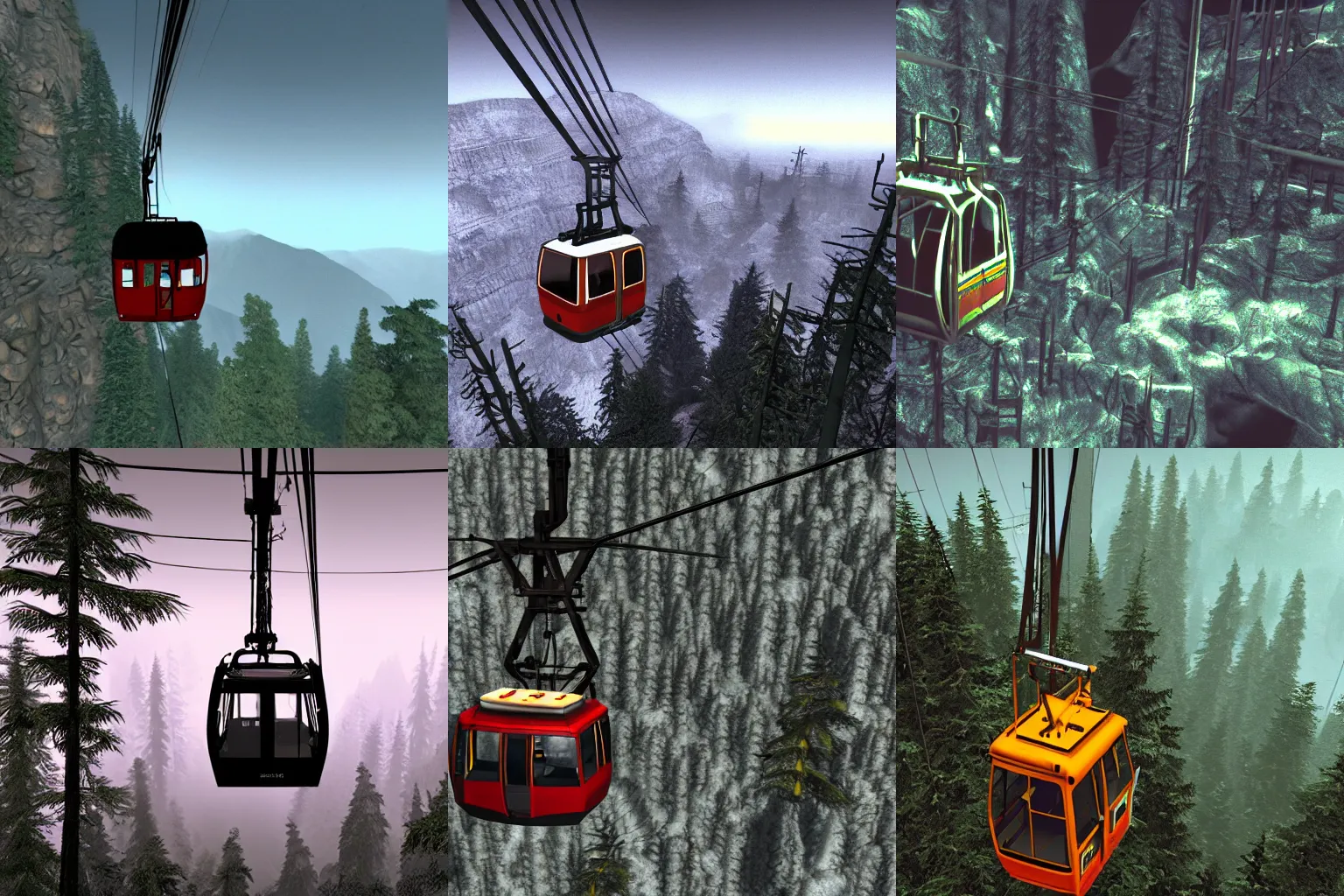 Prompt: An aerial lift cable car. outdoor. mountain in the background. dark and scary atmosphere. Dreamcast survival horror game screenshot.