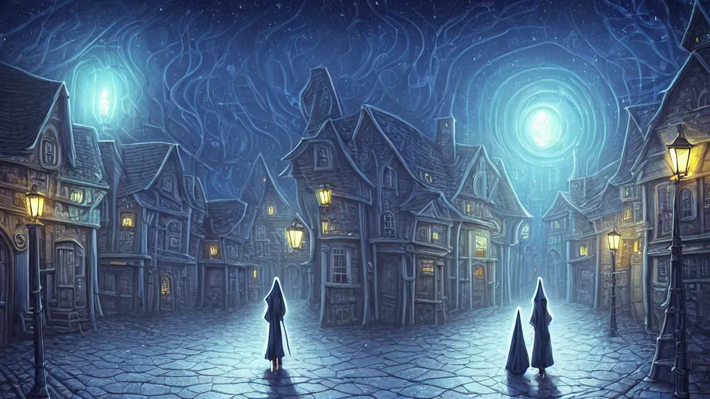 Image similar to lady dressed in long hooded cloak walks in empty lovecraftian town square surrounded by houses and inns. cthulhu statue. lovecraftian city at night by cyril rolando and naomi okubo and dan mumford and ricardo bofill. lovecraft. cobbled streets. oil lamp posts. lovecraftian. starry night swirly sky.