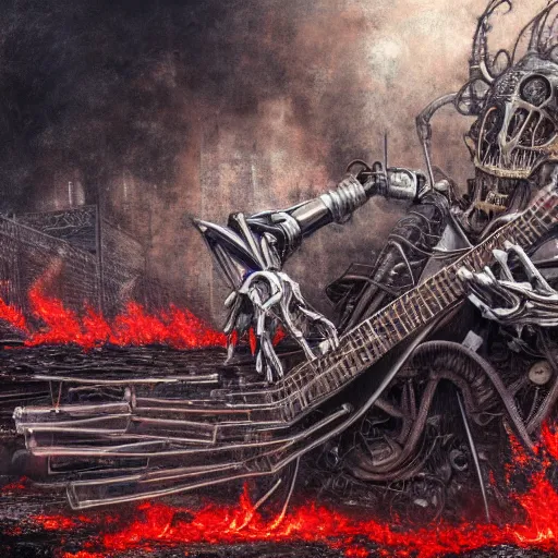 Image similar to death robot shredding guitar, standing in ruined burning street by Yoshitaka Amano, by HR Giger, biomechanical, 4k, hyper detailed, hyperrealism, anime, a Blood Moon rising on a Broken World, deviantart, artstation