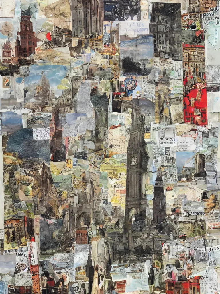 Prompt: mixed media collage depicting travelling through europe