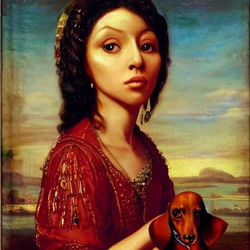 Image similar to nicki minaj walking a dachshund baroque oil painting