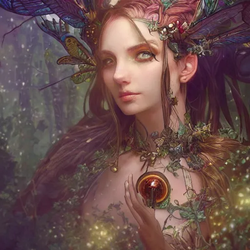 Image similar to ultra realistic illustration of steampunk magical fairy, forest, fantasy, lenses, colorful lights, intricate, elegant, highly detailed, digital painting, artstation, concept art, smooth, sharp focus, illustration, art by artgerm and greg rutkowski and alphonse mucha