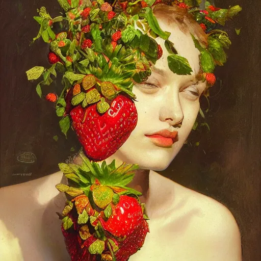 Prompt: a sculpture portrait made of candys and strawberries and melted chocolate and plants, painting part by wojciech siudmak, part by ilya repin, part by max ernst, part by norman rockwell, artstation