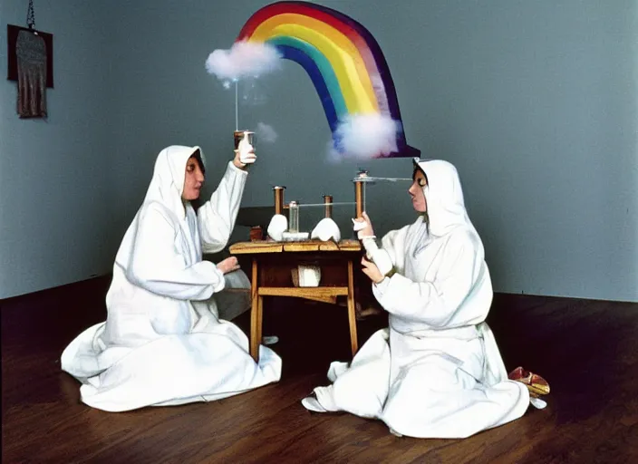 Prompt: realistic photo two medieval female scientists wearing white cotton doing an experiment with a cloud and rainbow, living room interior is made of wood 1 9 9 0, life magazine reportage photo