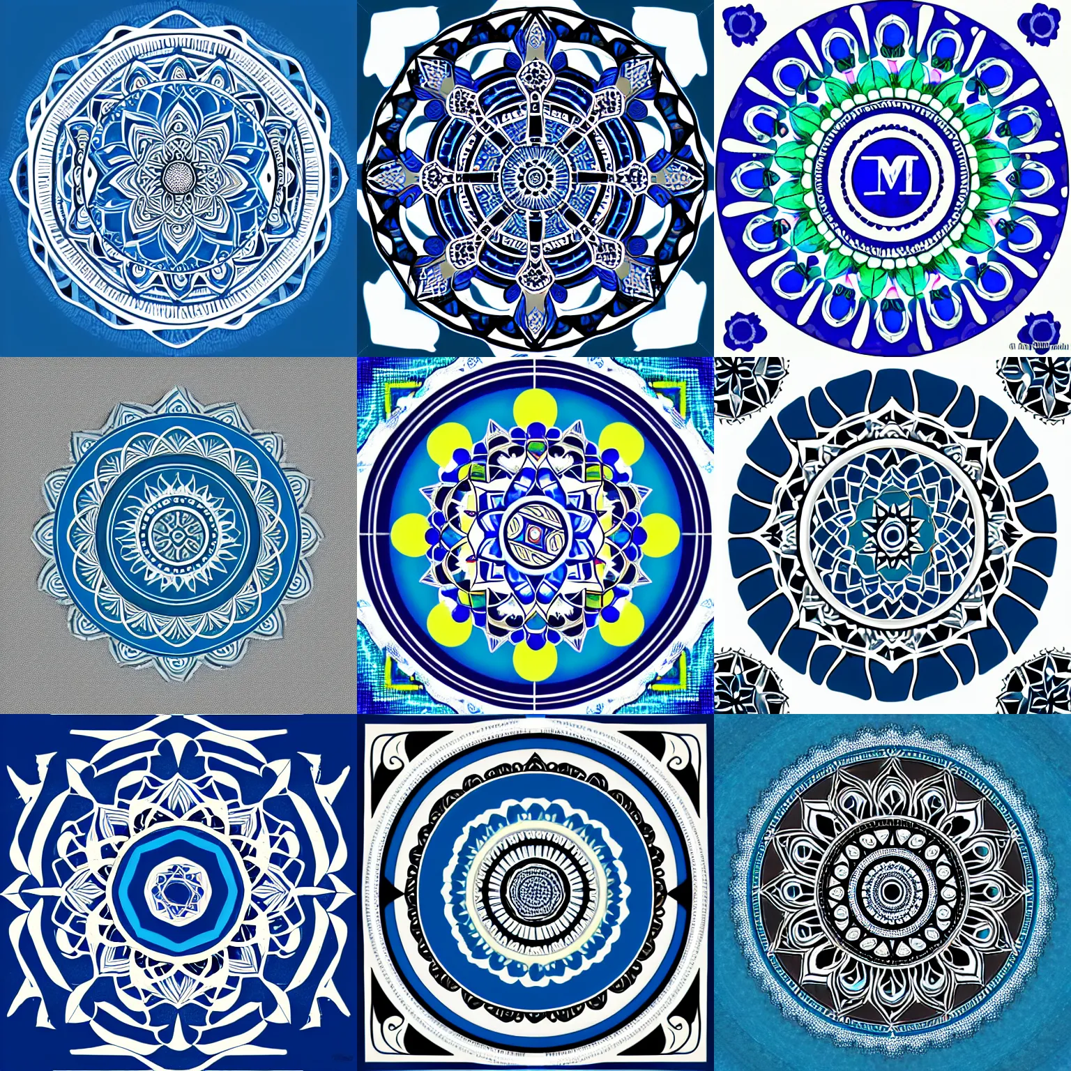 Prompt: mandala with em letters inside, sea, blue, lagoon, art, minimalistic,