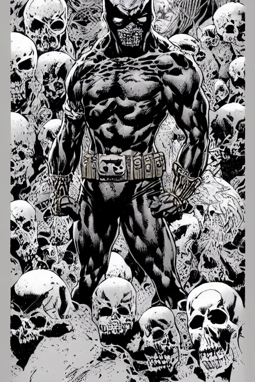 Image similar to A full body portrait of a new antihero character standing on skulls art by Marc Silvestri and Jim Lee, trending on artstation, ominous, mysterious