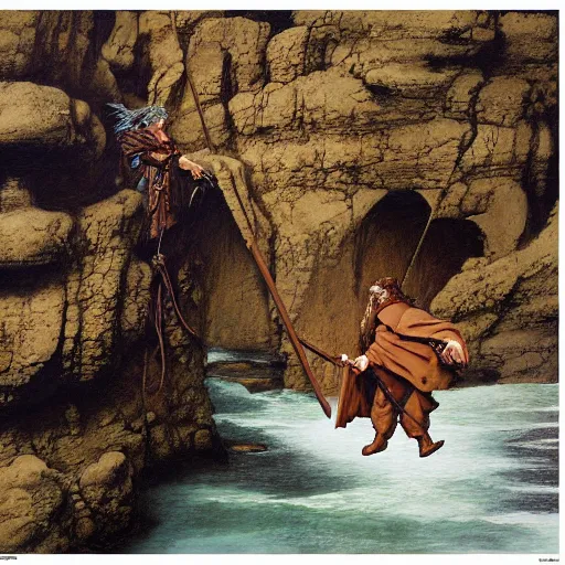 Image similar to Highly detailed oil painting of Gandalf fighting a monstrous Dachshund on a narrow rock bridge, underground, intricate artwork by Angus McBride, John Howe, Matthew Stewart, Ted Nasmith, heroic fantasy