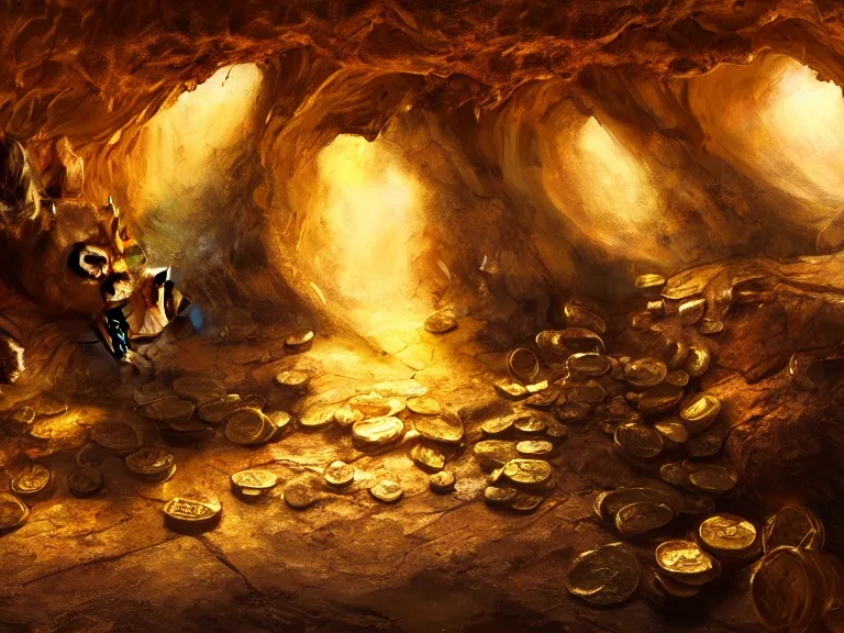 Prompt: expressive rustic oil painting, a cave with a dragon guarding a pile of gold coins, dust, ambient occlusion, morning, rays of light coming through windows, dim lighting, brush strokes oil painting