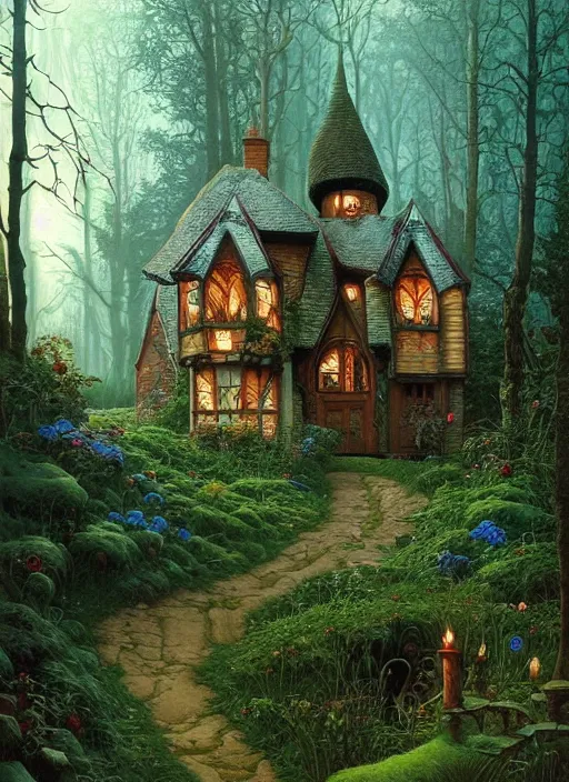 Image similar to hyper realistic homely ornate modern witch cottage distant down a path in the woods gorgeous lighting, blue sky, highly detailed, lush forest by zdzisław beksinski and norman rockwell and greg rutkowskiweta studio, and lucasfilm