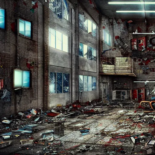 Image similar to santa's abandoned factory. cyberpunk. apocalyptic. sadness. mess. disorder. santa claus hat. abandoned gifts. water leaks. broken tiles. broken objects. high quality. high fidelity. digital art.