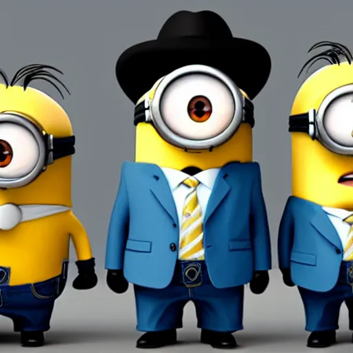 Image similar to three minions standing on top of eachother wearing a trenchcoat and a fedora, pretending to be an adult businessman