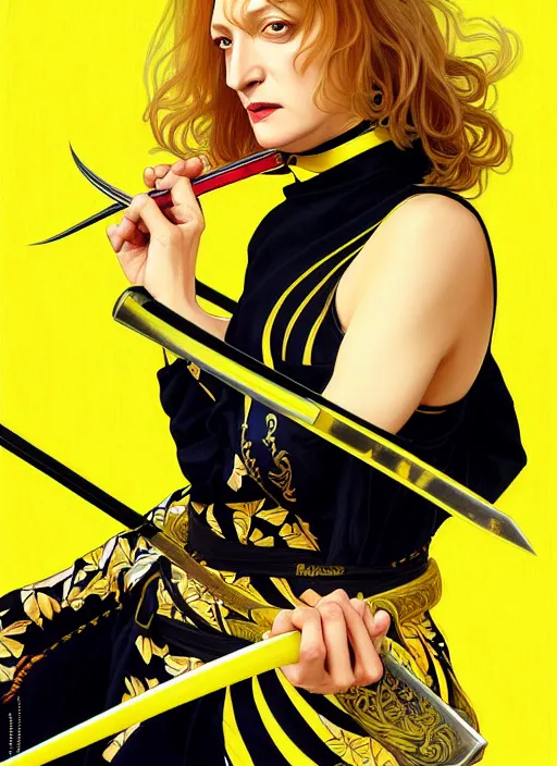 Image similar to uma thurman in kill bill, rococo and art nouveau fusion, swinging reflective katana, yellow jumpsuit with black stripe, highly detailed, deep focus, elegant, digital painting, smooth, sharp focus, illustration, ultra realistic, japanese art by artgerm and alphonse mucha