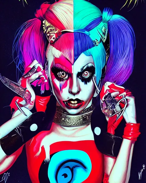 Image similar to lady gaga as harley quinn, grotesque, horror, high details, bright colors, striking, intricate details, by vincent di fate, artgerm julie bell beeple, 1 9 8 0 s, inking, vintage 8 0 s print, screen print